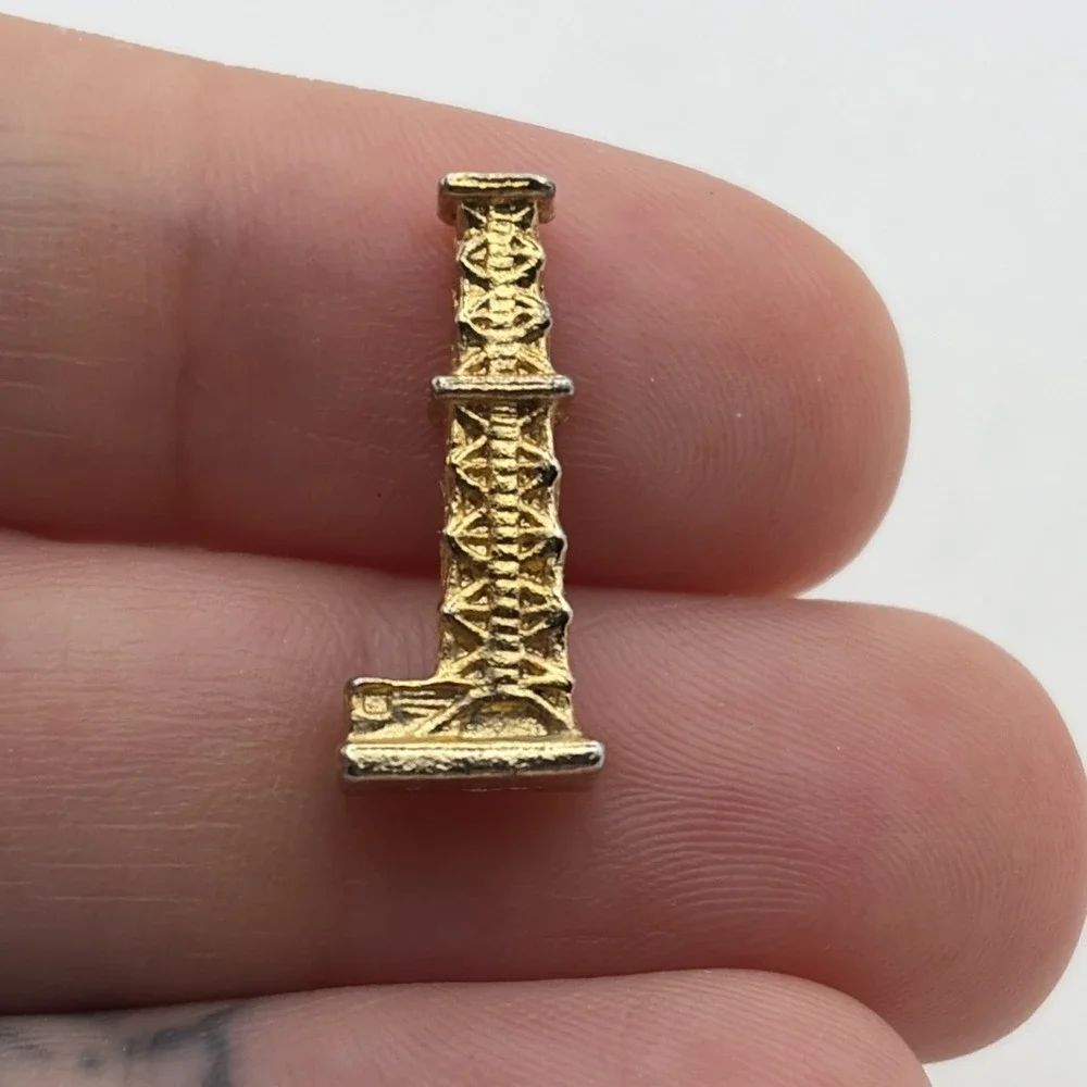 Vintage Oil Derrick Rig Gold Tone Lapel Hat Pin Industrial Petroleum Accessory